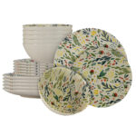 Set farfurii 18 piese, pentru 6 persoane, Vintage, Cesiro, Alb decor flori si frunze