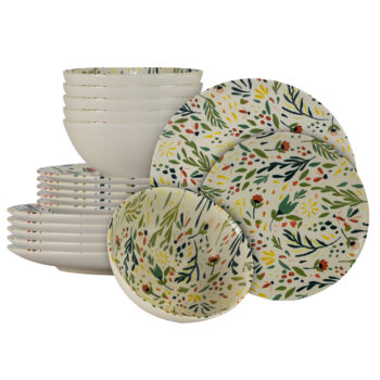 Set farfurii 18 piese, pentru 6 persoane, Vintage, Cesiro, Alb decor flori si frunze