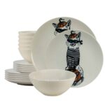 Set farfurii 18 piese, pentru 6 persoane, Robber Cat, Cesiro, Alb Ivoire cu Pisica