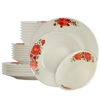 Set farfurii 24 piese, pentru 8 persoane, Cesiro, Ivoire cu trandafir rosu Set farfurii 24 piese, pentru 8 persoane, Cesiro, Ivoire cu trandafir rosu