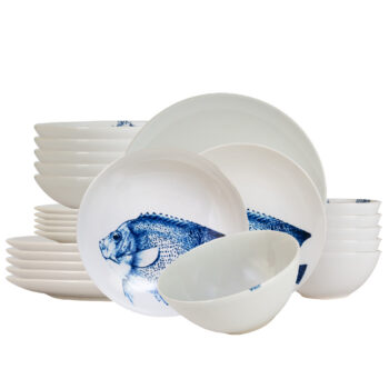 Set farfurii 24 piese, pentru 6 persoane, Spectacol Subacvatic, Cesiro, Alb decor pesti Set farfurii 24 piese, pentru 6 persoane, Spectacol Subacvatic, Cesiro, Alb decor pesti