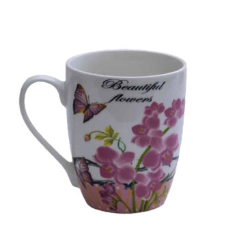 Cana 310 ml, Alb cu flori roz