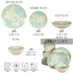 Set farfurii 24 piese, pentru 6 persoane, Hawaii, Cesiro, Alb ivoire cu frunze albastru deschis