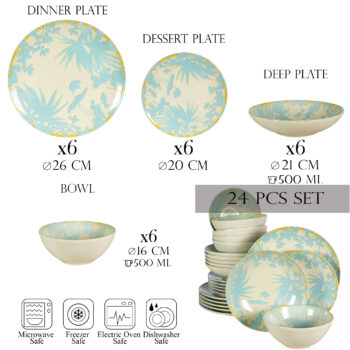 Set farfurii 24 piese, pentru 6 persoane, Hawaii, Cesiro, Alb ivoire cu frunze albastru deschis