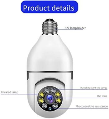 Cameră cu bec Eujgoov, 360 de grade 2,4 GHz și 5G WiFi Cameră de supraveghere pentru casă inteligentă Alarmă de detectare a mișcării 110‑220V 1080p Camere de securitate IP panoramice