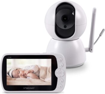 Monitor pentru bebeluși LCD 5" 1080P Vtechvat cu cameră și audio Cameră fără WiFi pentru bebeluși cu vedere nocturnă, VOX, ceas cu alarmă, temperatura camerei, cântec de leagăn, înclinare panoramică