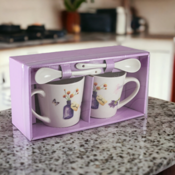 Set doua cani 170 ml, Alb cu vaza si lavanda