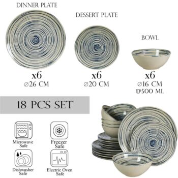 Set farfurii 18 piese, pentru 6 persoane, Maritim, Cesiro, Alb Ivoire lucios cu albastru