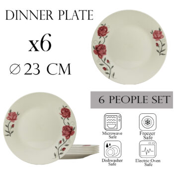 Set 6 farfurii intinse 23 cm pentru 6 persoane, Ivoire cu trandafir roz