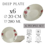 Set 6 farfurii adanci 20 cm x 280 ml pentru 6 persoane, Ivoire cu trandafir roz