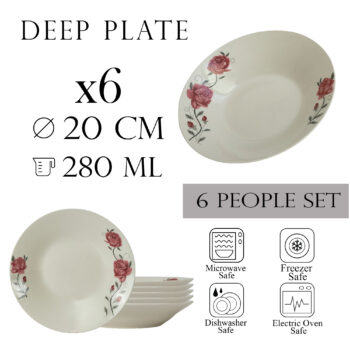 Set 6 farfurii adanci 20 cm x 280 ml pentru 6 persoane, Ivoire cu trandafir roz