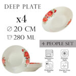 Set 4 farfurii adanci 20 cm x 280 ml pentru 4 persoane, Ivoire cu trandafir roz