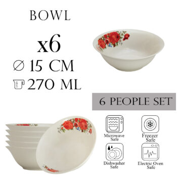 Set 6 boluri 15 cm x 270 ml pentru 6 persoane, Ivoire cu trandafir roz