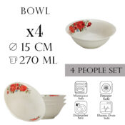 Set 4 boluri 15 cm x 270 ml pentru 4 persoane, Ivoire cu trandafir rosu
