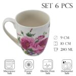 Set 6 cesti cu flori roz, 280 ml, Alb
