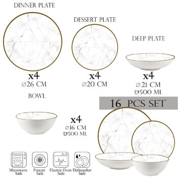 Set farfurii 16 piese, 4 persoane- Ensemble Marmura Aurea - Set Veselă Italiană Porțelan