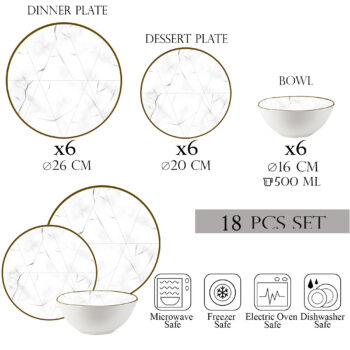 Set farfurii 18 piese, 6 persoane, set cu bol- Ensemble Marmura Aurea - Set Veselă Italiană Porțelan