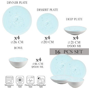 Set farfurii 16 piese, 4 persoane- Ensemble Azure Spirale - Set Veselă Italiană Porțelan