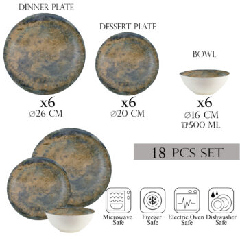 Set farfurii 18 piese, 6 persoane, set cu bol- Ensemble Bronzo Elegante - Set Veselă Italiană Porțelan