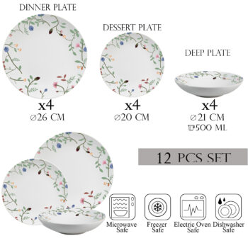 Set farfurii 12 piese, 4 persoane, set cu farfurie adancă- Insieme Fiori Eleganti - Set Veselă Italiană Porțelan