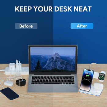 Încărcător fără fir, stație de încărcare fără fir 3 în 1 pentru iPhone 14/13/12/11/Pro/Max/XS/XR/X/8/Plus, suport pentru încărcător fără fir pentru Apple Watch 8/7/6/5/4/3 /2/SE, pentru AirPods cu adaptor QC3.0 (alb)