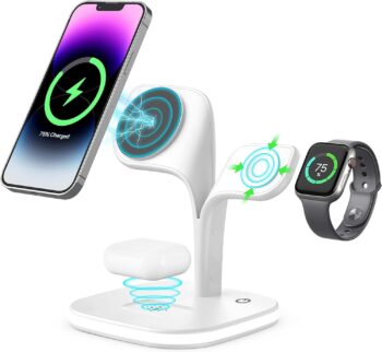 Suport de încărcare Magsafe, stație de încărcare pentru mai multe dispozitive, încărcător fără fir pentru seria iPhone 15/14/13/12, Apple Watch seria 1-9/Ultra, AirPods Pro cu LED și adaptor