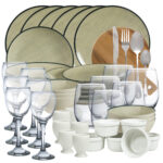 Mese de Neuitat cu Setul pentru 6 persoane 73 piese, Alb Ivoire cu verde deschis