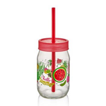 Cana din sticla, cu capac si pai din plastic, 370 ml, Qulux C00162