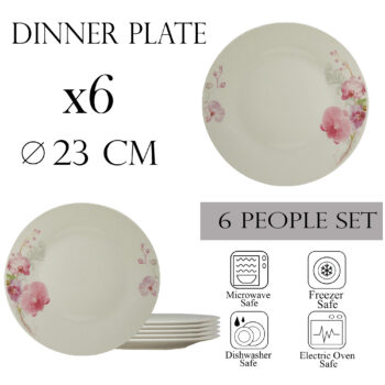 Set 6 farfurii intinse pentru 6 persoane 23 cm, Ivoire cu orhidee