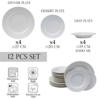 Set farfurii 12 piese, pentru 4 persoane, North Pole, Cesiro, Portelan, Alb