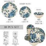 Set farfurii 18 piese, pentru 6 persoane, Hawaii, Cesiro, Alb Ivoire decorat cu frunze albastru inchis