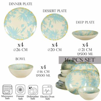 Set farfurii 16 piese, pentru 4 persoane, Hawaii, Cesiro, Alb Ivoire cu frunze albastru deschis