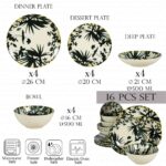 Set farfurii 16 piese, pentru 4 persoane, Hawaii, Cesiro, Alb ivoire cu frunze negre