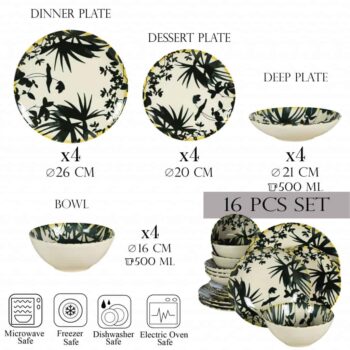 Set farfurii 16 piese, pentru 4 persoane, Hawaii, Cesiro, Alb ivoire cu frunze negre