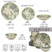 Set farfurii 24 piese, pentru 4 persoane, Hawaii, Cesiro, Alb ivoire cu frunze gri
