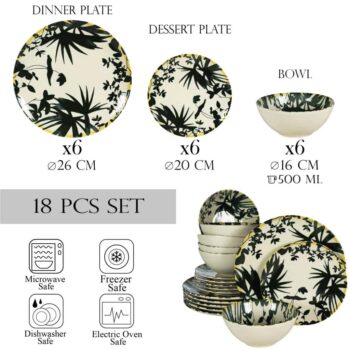 Set farfurii 18 piese, pentru 6 persoane, Hawaii, Cesiro, Ivory decorat cu frunze negre