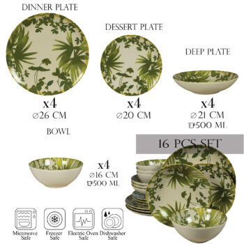 Set farfurii 16 piese, pentru 4 persoane, Hawaii, Cesiro, Alb ivoire decorat cu frunze verzi