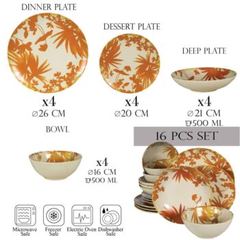 Set farfurii 16 piese, pentru 4 persoane, Hawaii, Cesiro, Alb ivoire cu frunze portocalii
