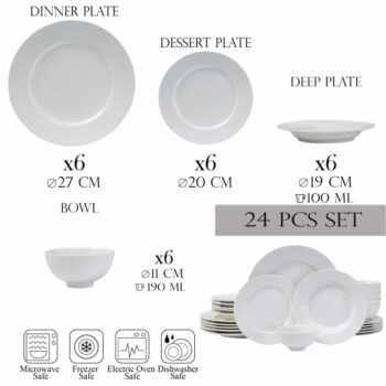 Set farfurii 24 piese, pentru 6 persoane, North Pole, Cesiro, Portelan, Alb