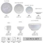 Set farfurii 32 piese, pentru 6 persoane, North Pole, Cesiro, Portelan, Alb