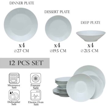 Set farfurii 12 piese, pentru 4 persoane, Snow, Cesiro, Portelan, Alb Lucios