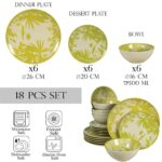 Set farfurii 18 piese, pentru 6 persoane, Hawaii, Cesiro, Ivory decorat cu frunze verde-galbui