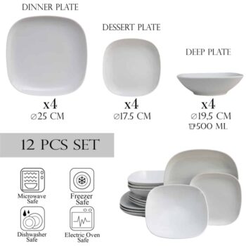 Set farfurii 12 piese, pentru 4 persoane, Ice, Cesiro, Portelan, Alb