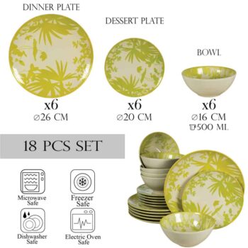 Set farfurii 18 piese, pentru 6 persoane, Hawaii, Cesiro, Ivory decorat cu frunze verde-galbui