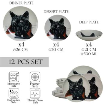 Set farfurii 12 piese, pentru 4 persoane, Dracula Cat, Cesiro, Ivoire cu Pisica