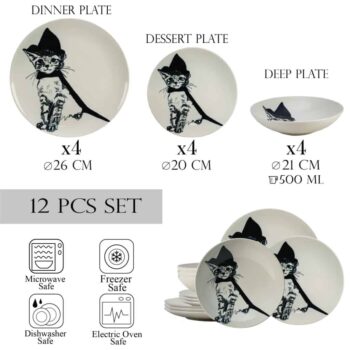 Set farfurii 12 piese, pentru 4 persoane, Wizard Cat, Cesiro, Ivoire cu Pisica
