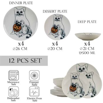 Set farfurii 12 piese, pentru 4 persoane, Pumpkin Cat, Cesiro, Ivoire cu Pisica