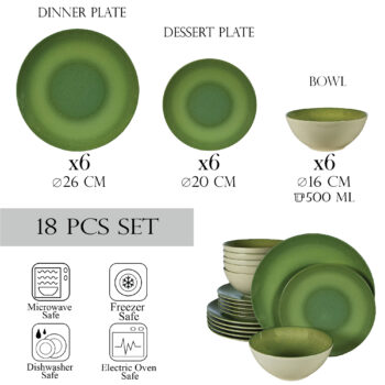 Set farfurii 18 piese, pentru 6 persoane, Kiwi, Cesiro, Alb Ivoire lucios cu verde