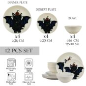 Set farfurii 12 piese, pentru 4 persoane, BatKitty, Cesiro, Ivoire cu Pisica