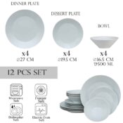 Set farfurii 12 piese, pentru 4 persoane, Snow, Cesiro, Portelan, Alb